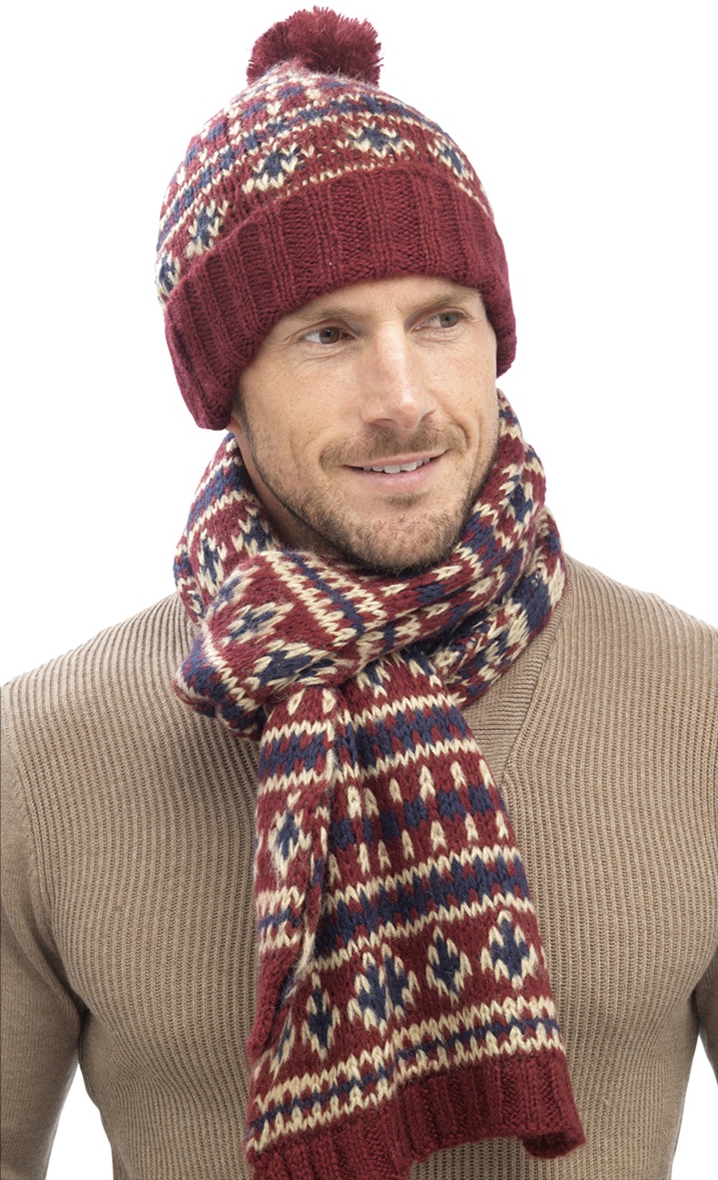 Mens Luxury Fairisle Cable Knit Slouch Beanie Bobble Hat + Scarf Gift Set Winter eBay